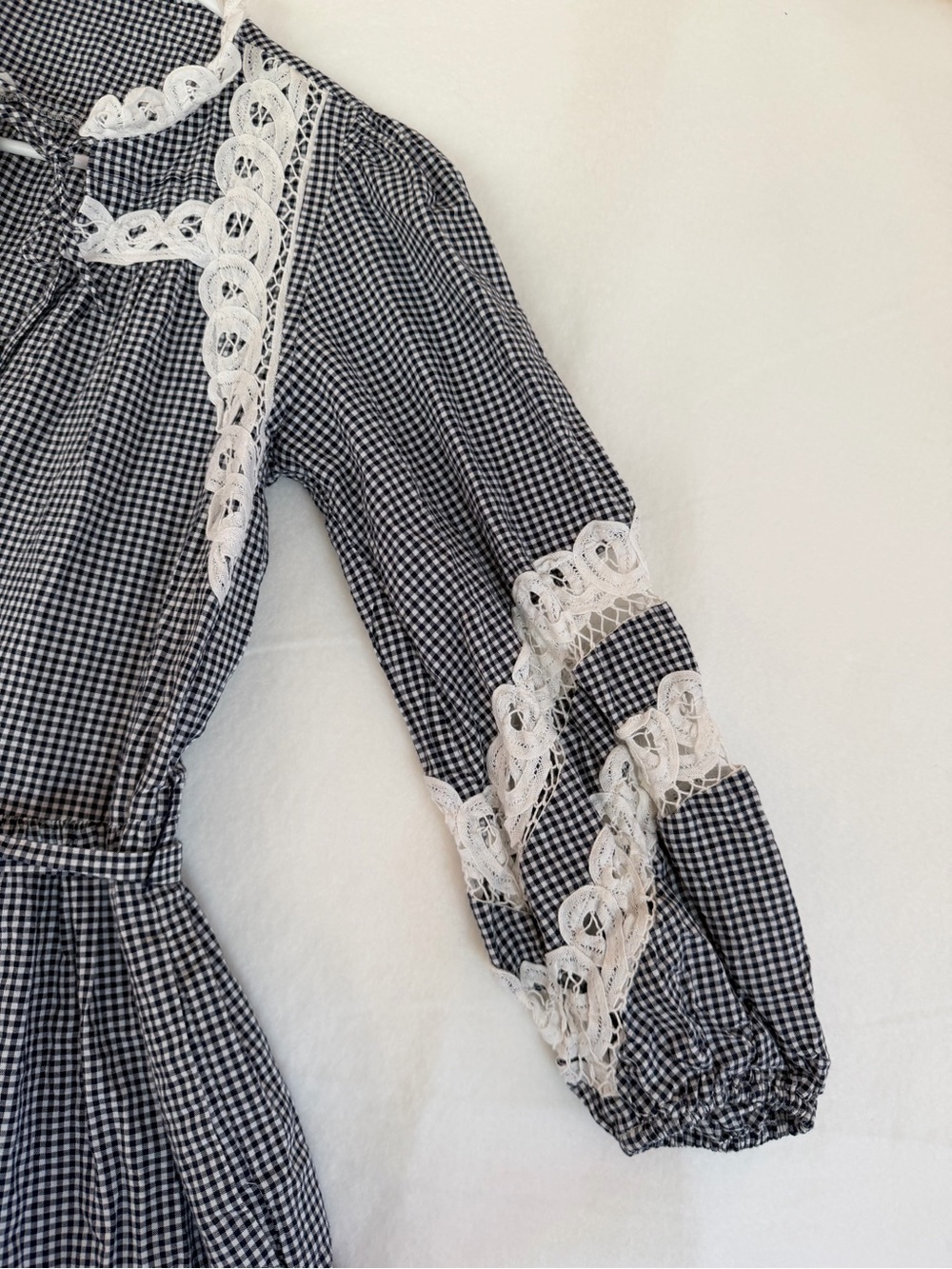 Maje Navy Gingham and Lace-Trim Dress with Tie Waist - Picture 4 of 11